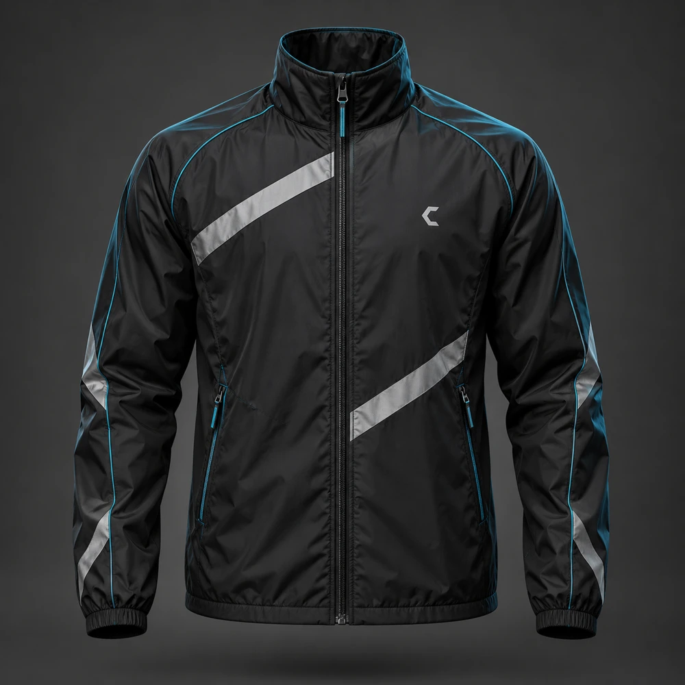 Vector Shell Jacket, Black / Cyan, Zipped front, diagonal reflective detail