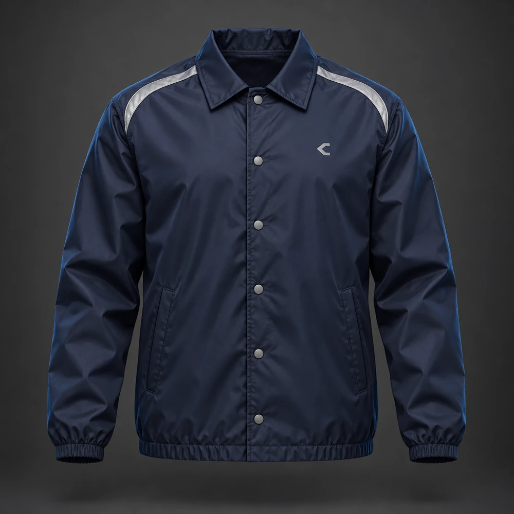 Orbit Coach Jacket, Navy / Silver, Snap front, curved reflective detailing