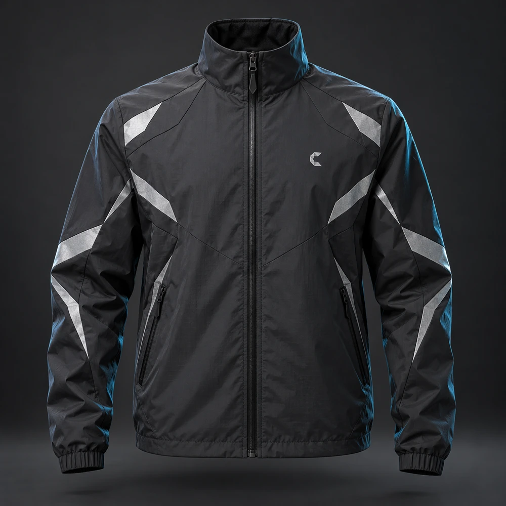 Grid Panel Jacket, Charcoal / Silver, Standing collar, geometric reflective panels