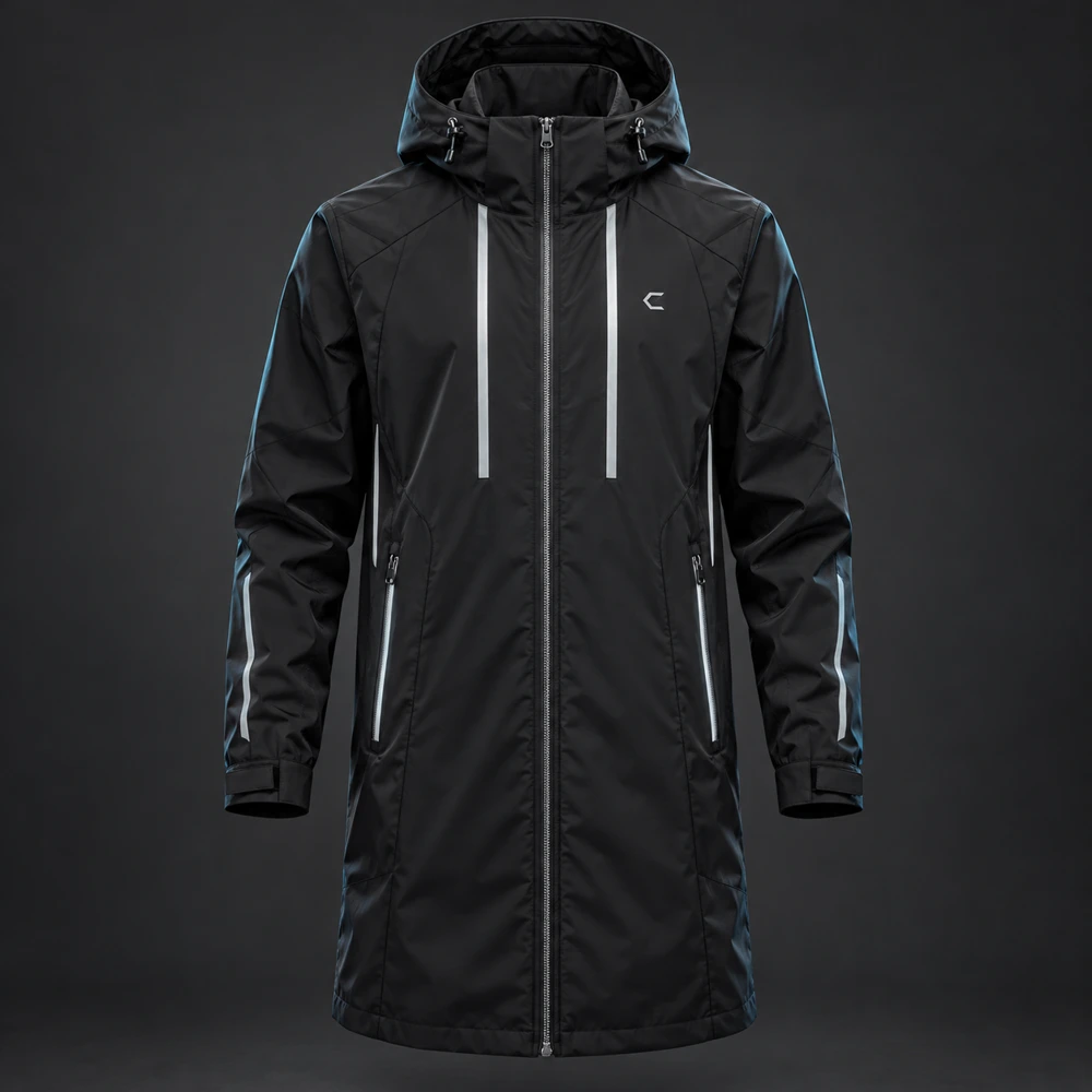 Relay Longline Jacket, Black / Silver, Hood, longline cut, vertical reflective strips